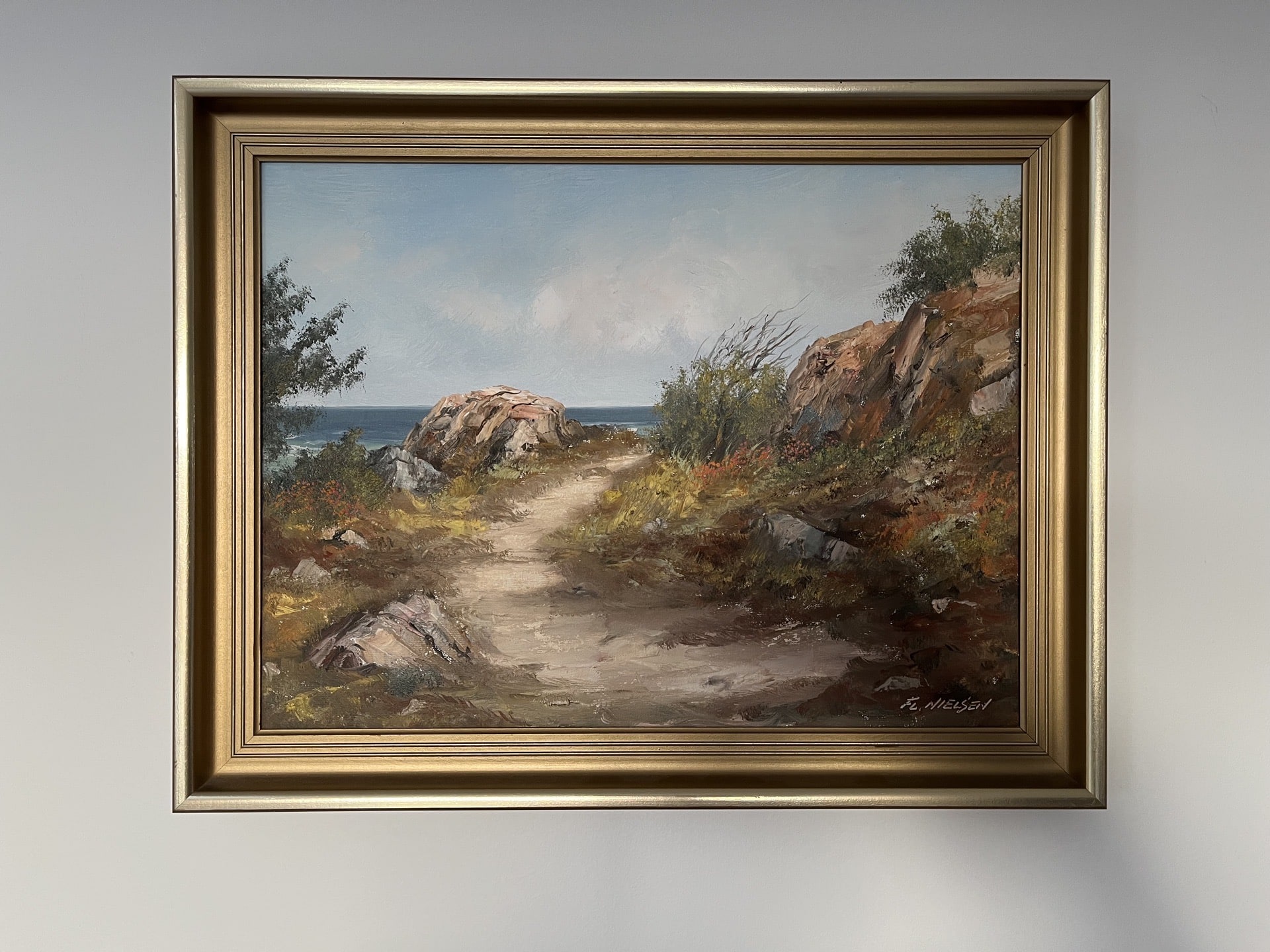 Oliemaleri landskabsbilled af Flemming Nielsen.Pris 1.500,-